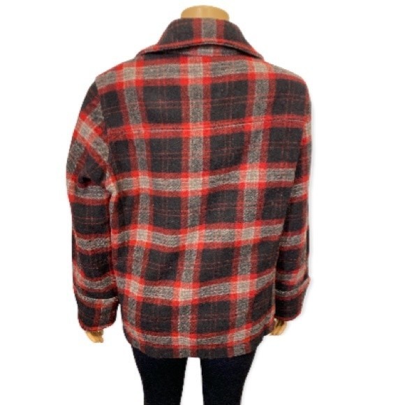 Vintage WoolRich Pea Coat Plaid Wool double breasted Burgundy Black gray size L - Picture 5 of 17